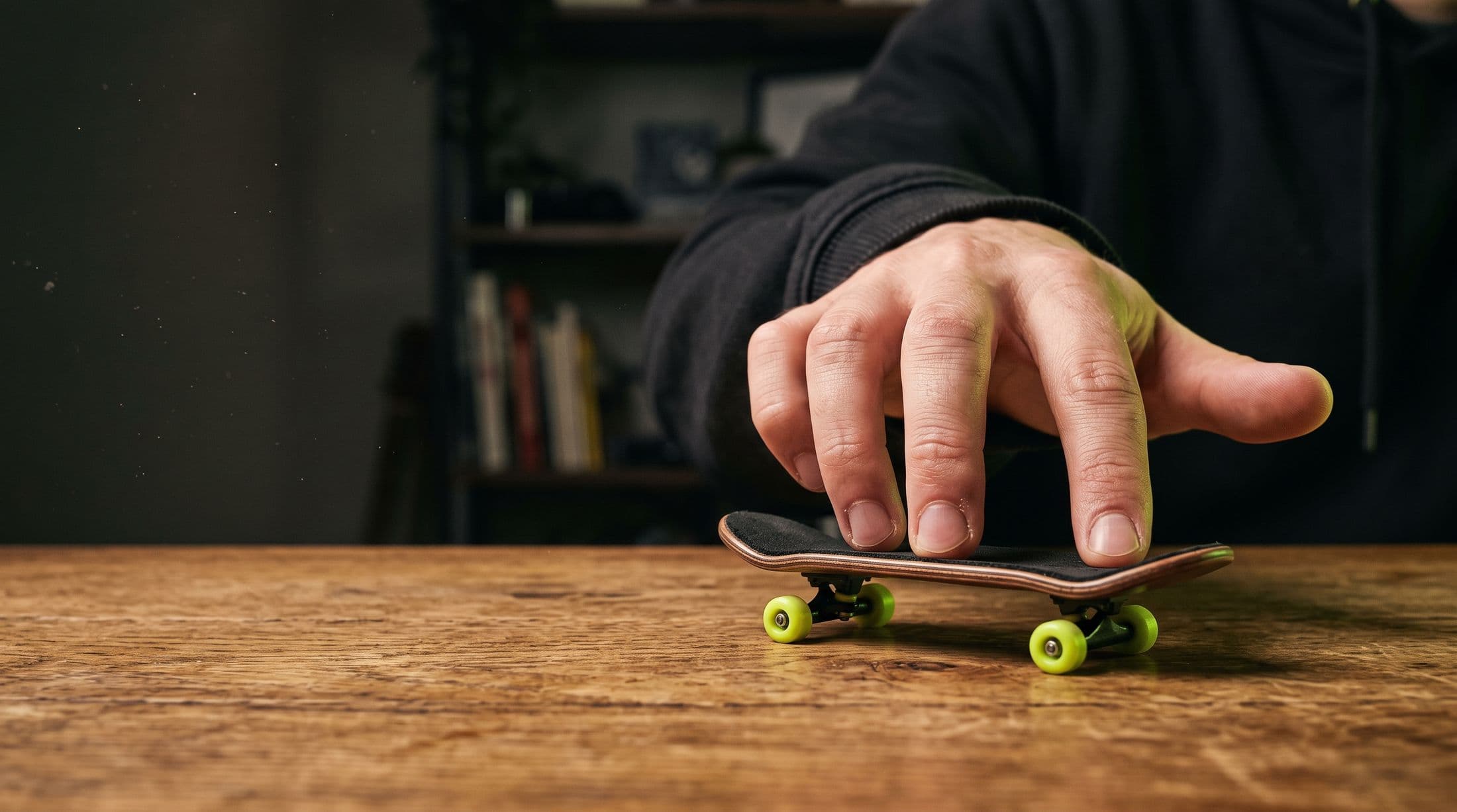 A hand riding a precision fingerboard on a wooden desk